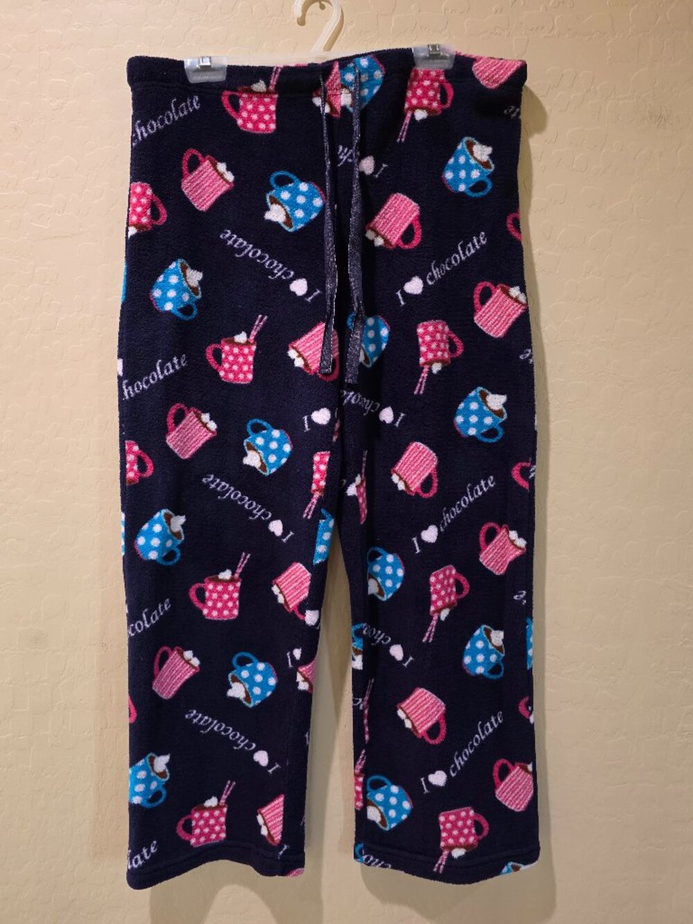 Cute Warm Women's Fleece Pajama Pants XL (16-18) Hot Cocoa Chocolate Mugs Blue